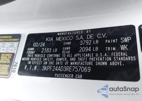 2024 Kia Forte Lxs z USA, uszkodzony, nr VIN 3KPF24AD3RE757069